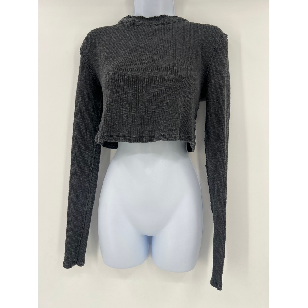 We The Free People Charcoal Gray Ribbed Cropped Thermal Lace Up Back Top Small